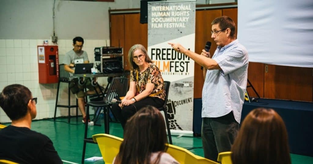 Sally Alexander (Tenaganita) and James Lochheed (PSHTC) sharing on the issue of human trafficking in Penang