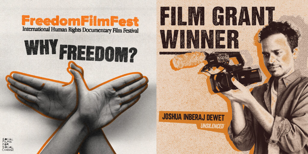 A poster of FFF2023 grant winner, Joshua Inberaj Dewet, holding a camera in a halftone mixed media treatment.  Next to it is a poster of the 'Why Freedom?' festival poster.