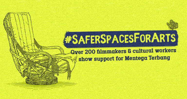 A graphic photo of Mentega Terbang chair and butterfly, along with the slogan # for Safer Spaces For Arts